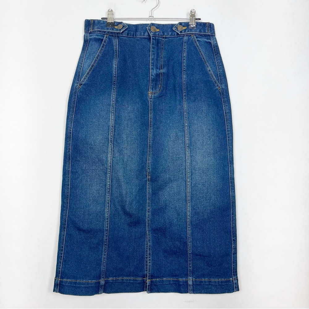 Chaps Classic Blue Denim Midi Skirt with Front Slit Size 8 Cottagecore